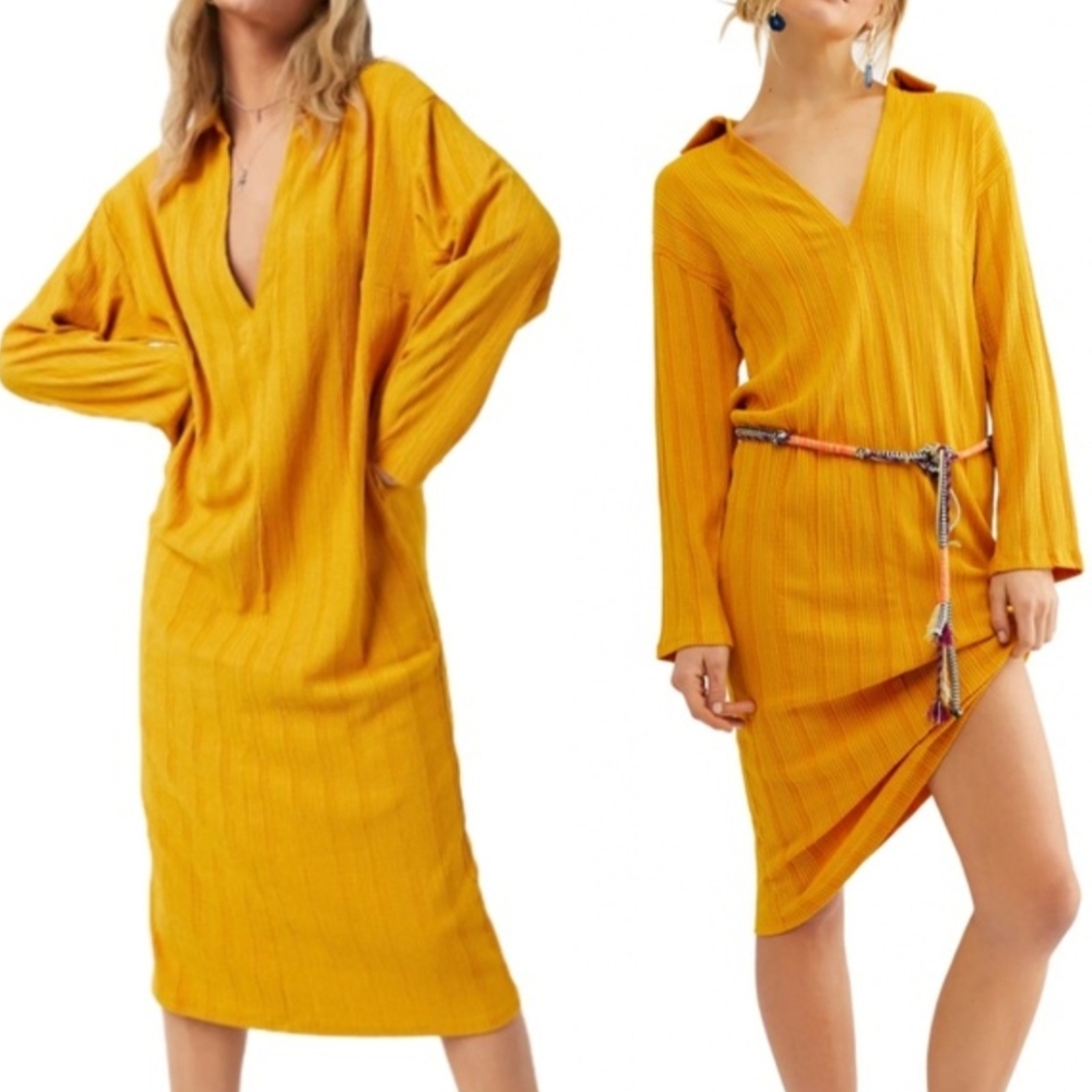 Free People Tunic Beach Bum Dress Gold Yellow M Long Sleeve Collar